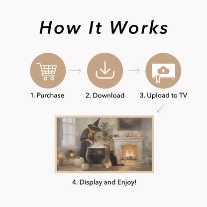 Witch Cauldron Cat Frame TV Art displayed on a TV