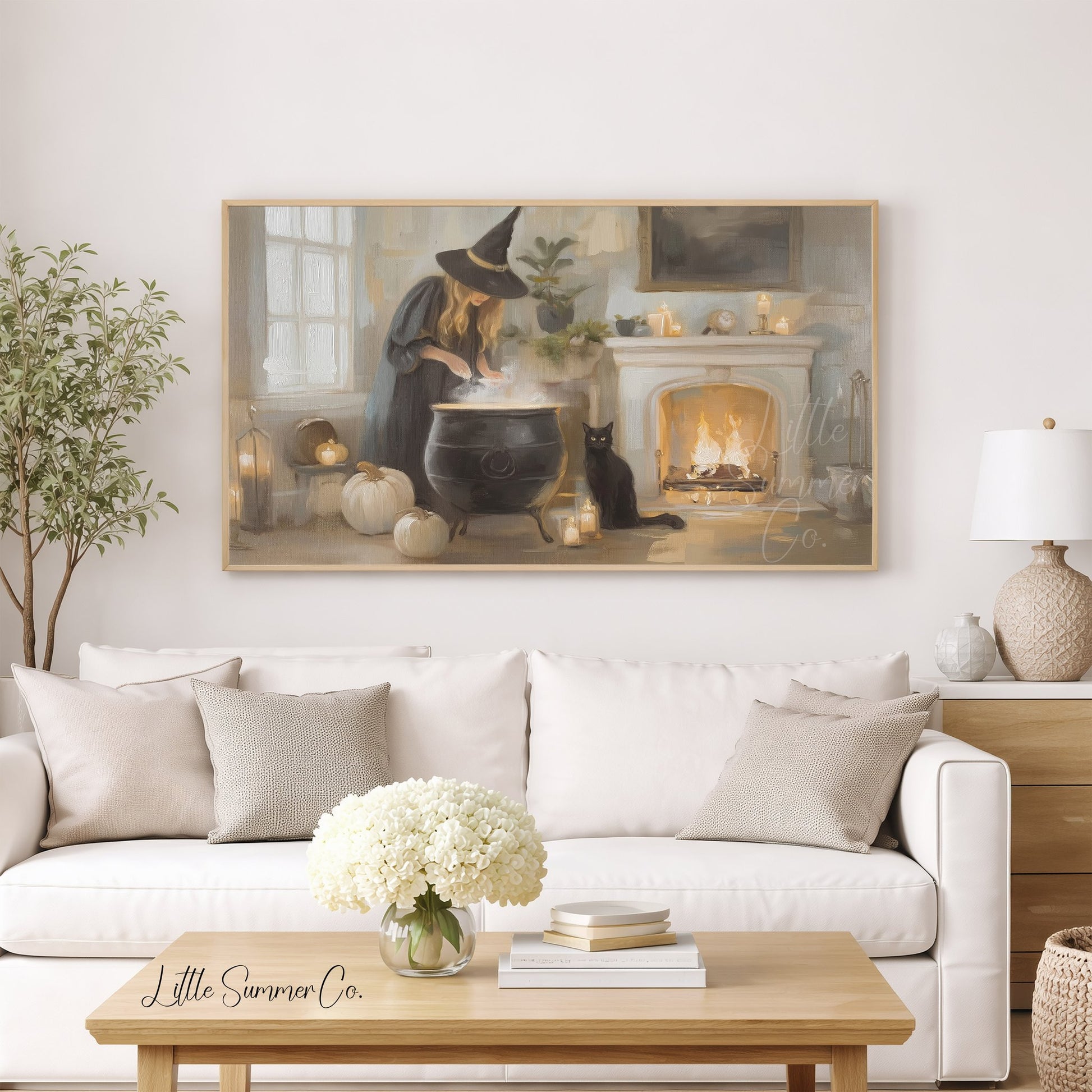 Witch Cauldron Cat Frame TV Art displayed on a TV