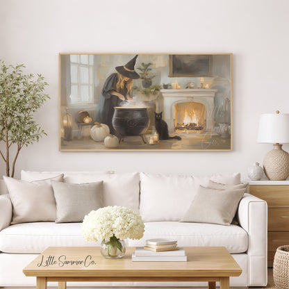 Witch Cauldron Cat Frame TV Art displayed on a TV