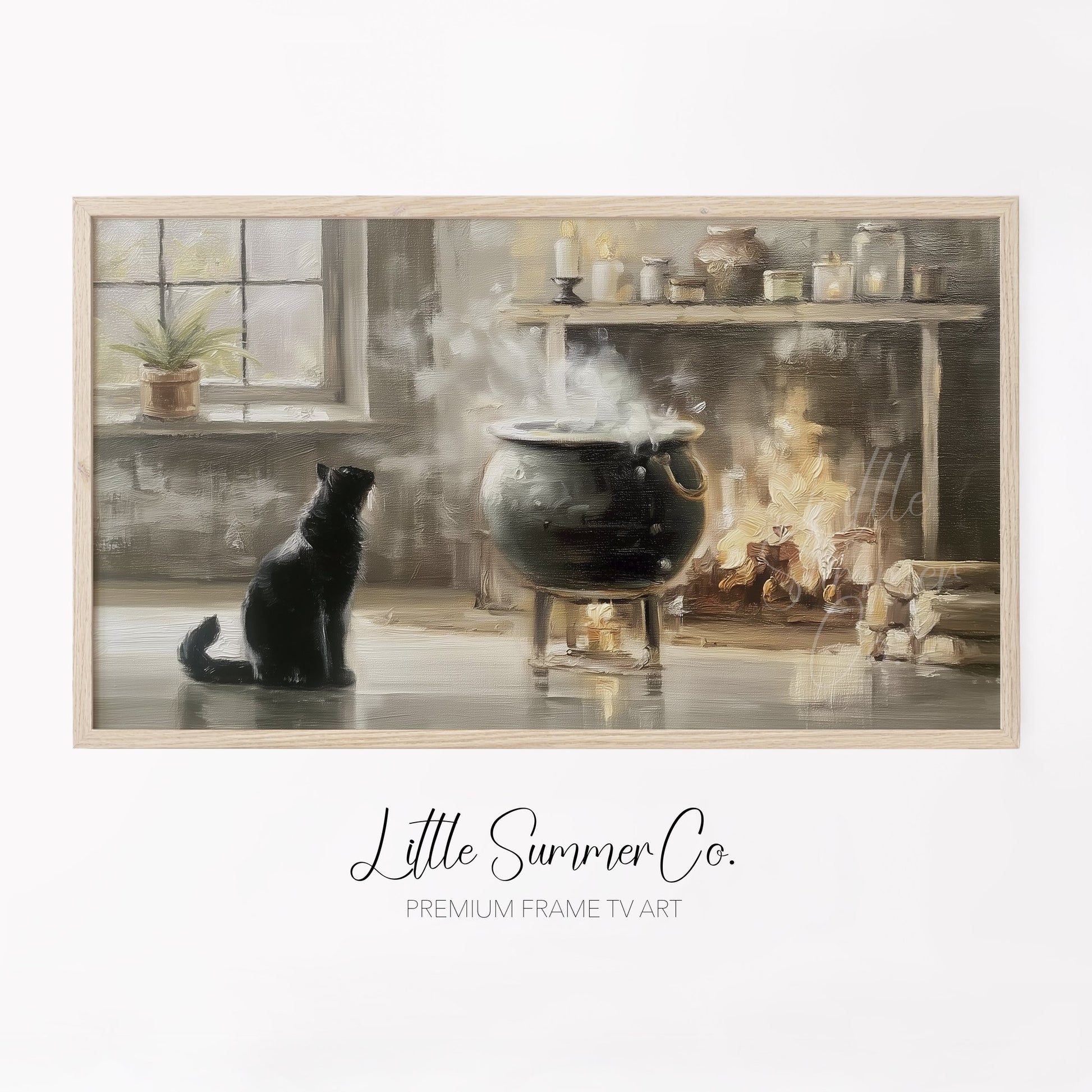 Black Cat Cauldron Frame TV Art displayed on a TV