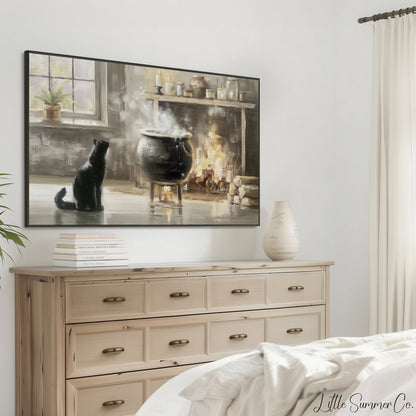 Black Cat Cauldron Frame TV Art displayed on a TV