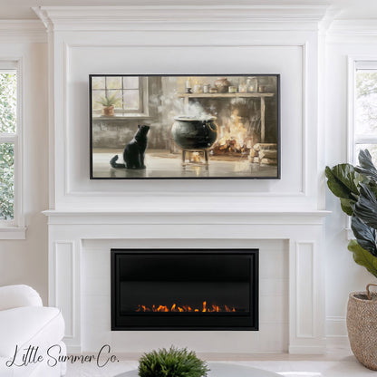 Black Cat Cauldron Frame TV Art displayed on a TV