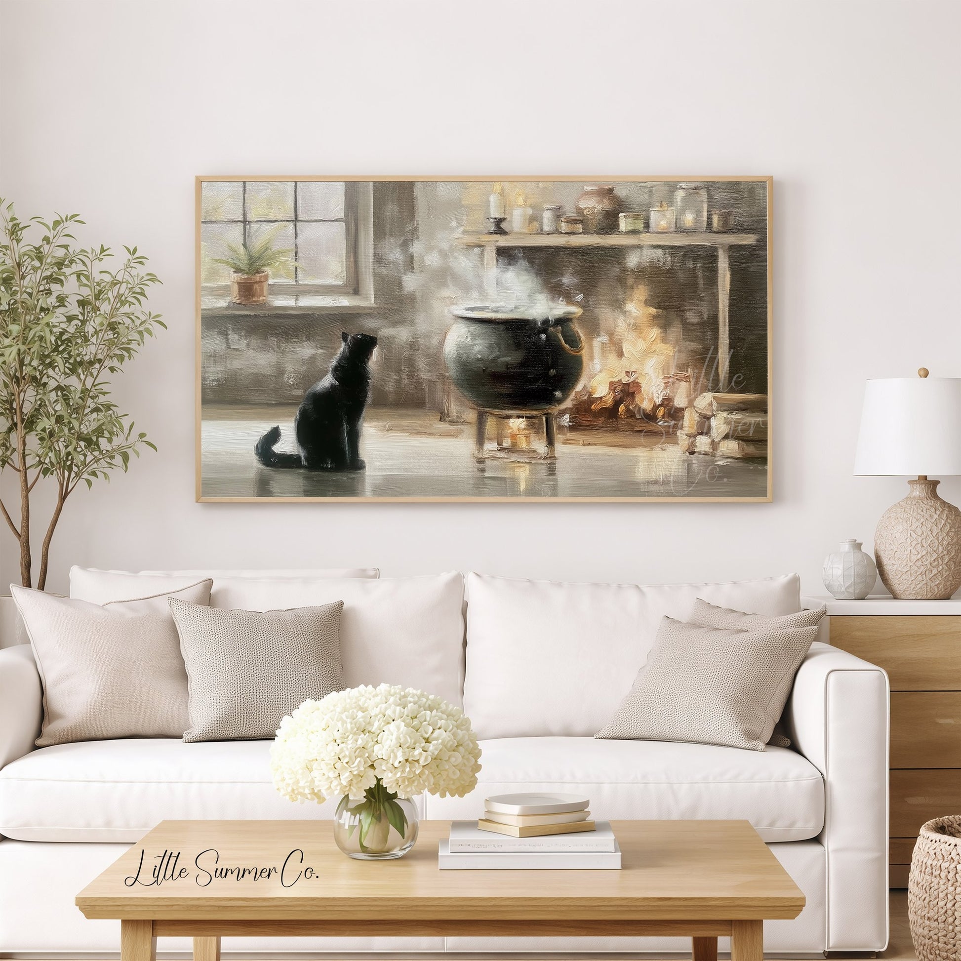 Black Cat Cauldron Frame TV Art displayed on a TV