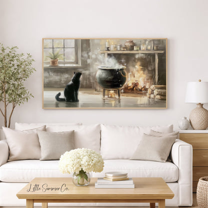 Black Cat Cauldron Frame TV Art displayed on a TV