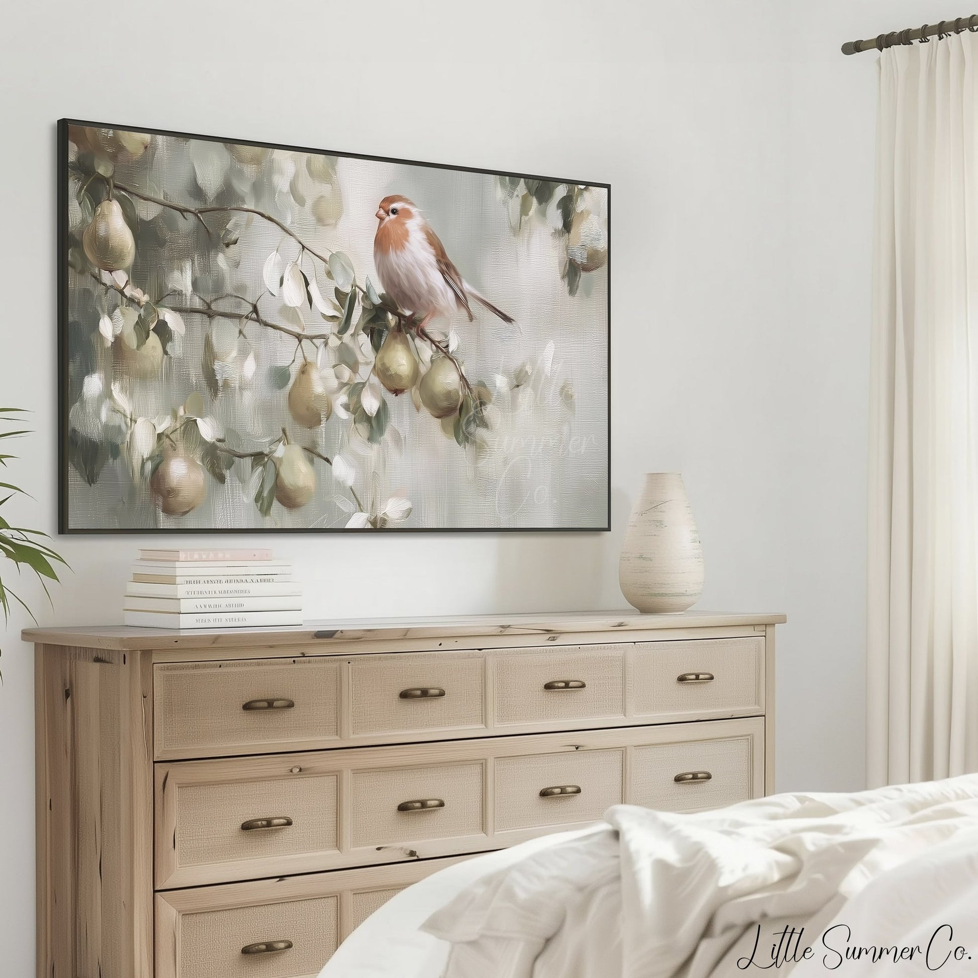 Partridge in a Pear Tree Frame TV Art displayed on a TV