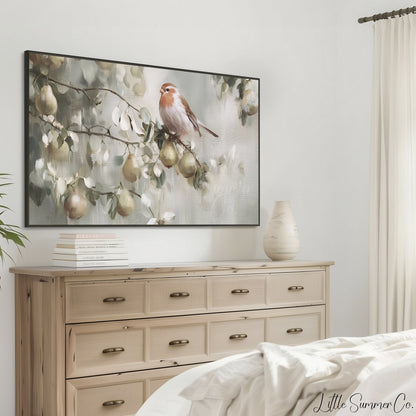 Partridge in a Pear Tree Frame TV Art displayed on a TV