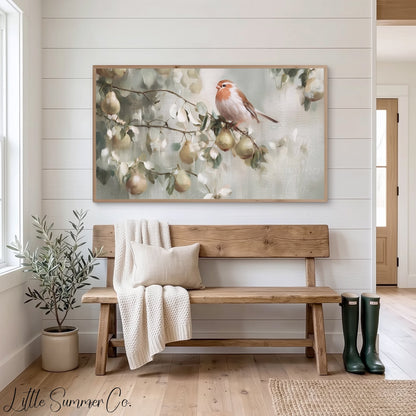 Partridge in a Pear Tree Frame TV Art displayed on a TV