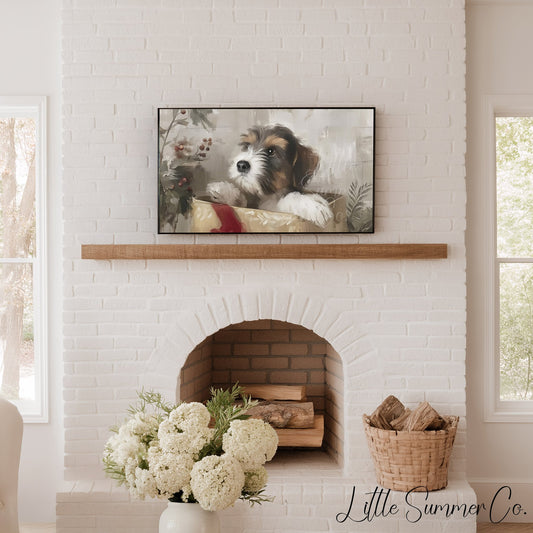 Puppy In A Gift Box Frame TV Art displayed on a TV