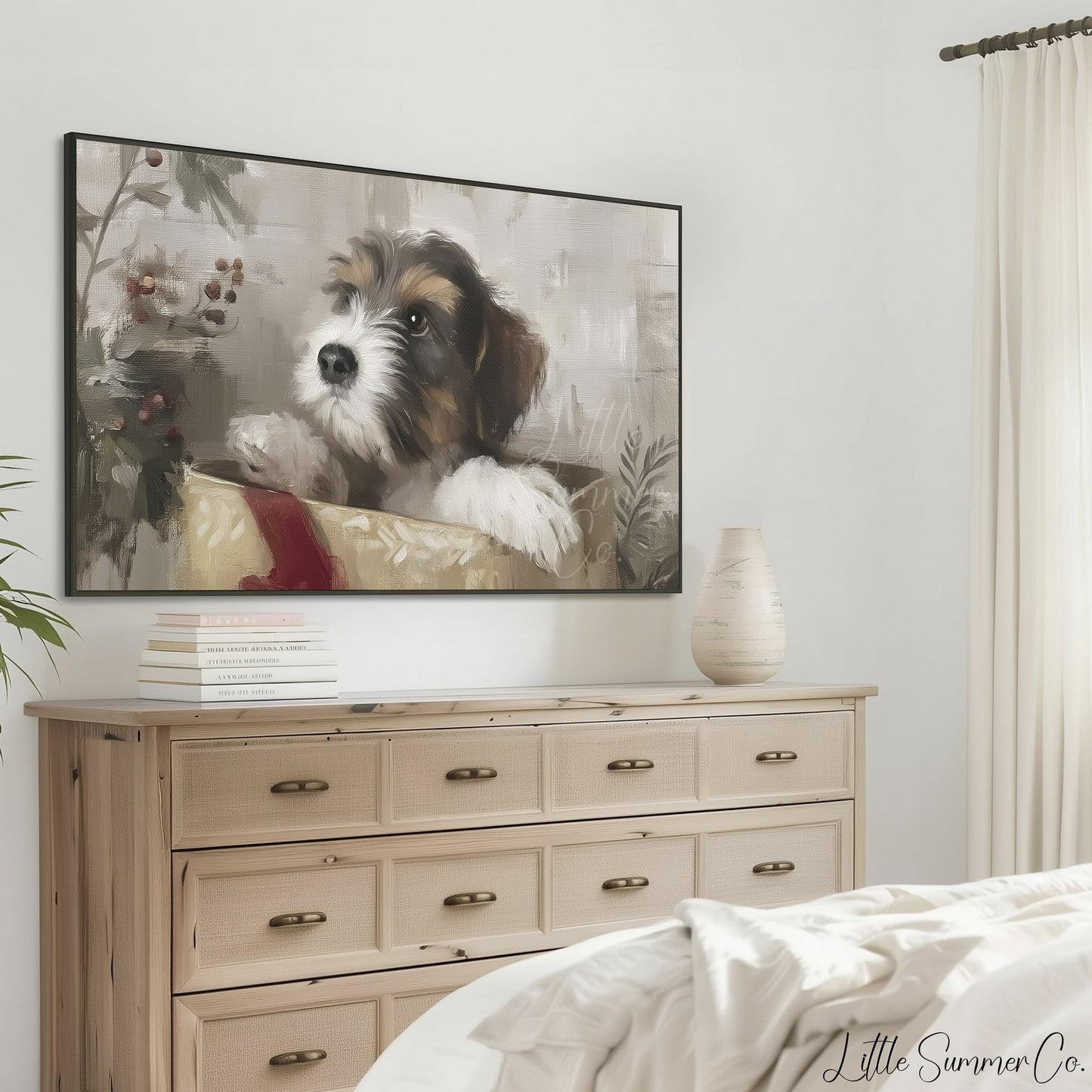 Puppy In A Gift Box Frame TV Art displayed on a TV