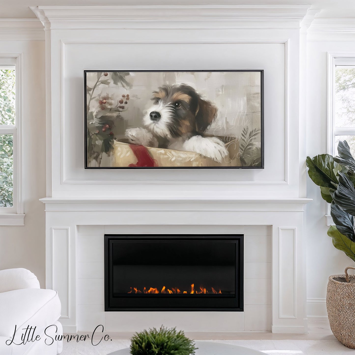 Puppy In A Gift Box Frame TV Art displayed on a TV