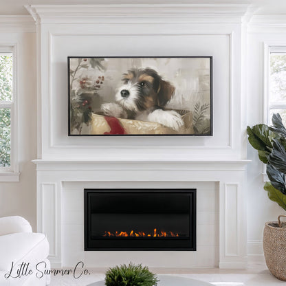 Puppy In A Gift Box Frame TV Art displayed on a TV