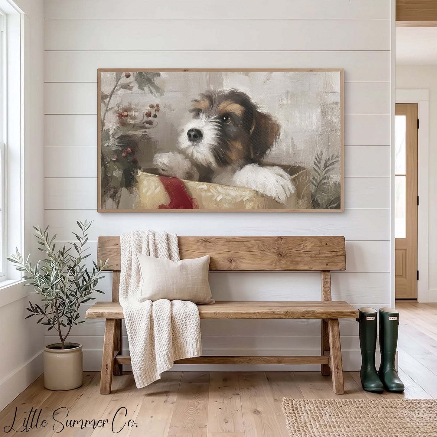 Puppy In A Gift Box Frame TV Art displayed on a TV