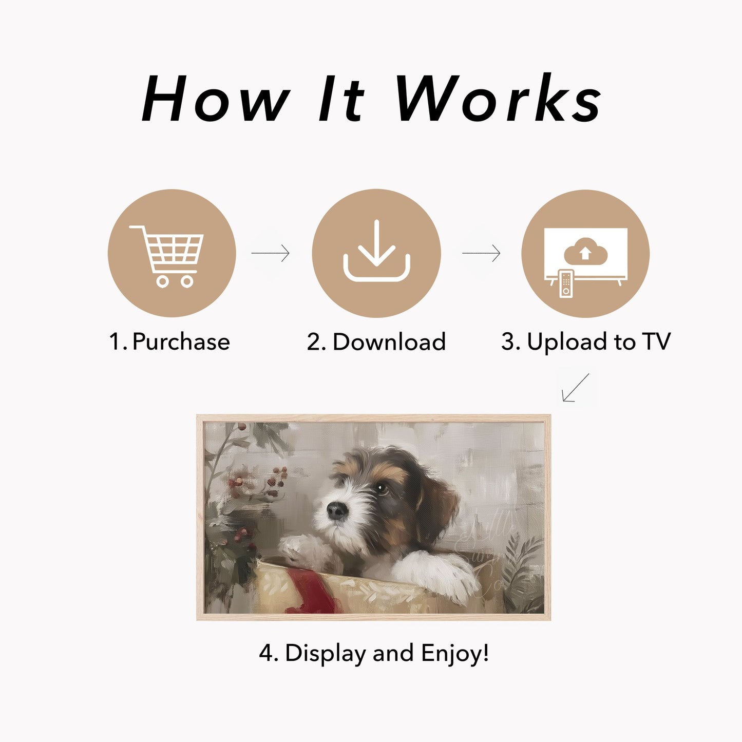 Puppy In A Gift Box Frame TV Art displayed on a TV