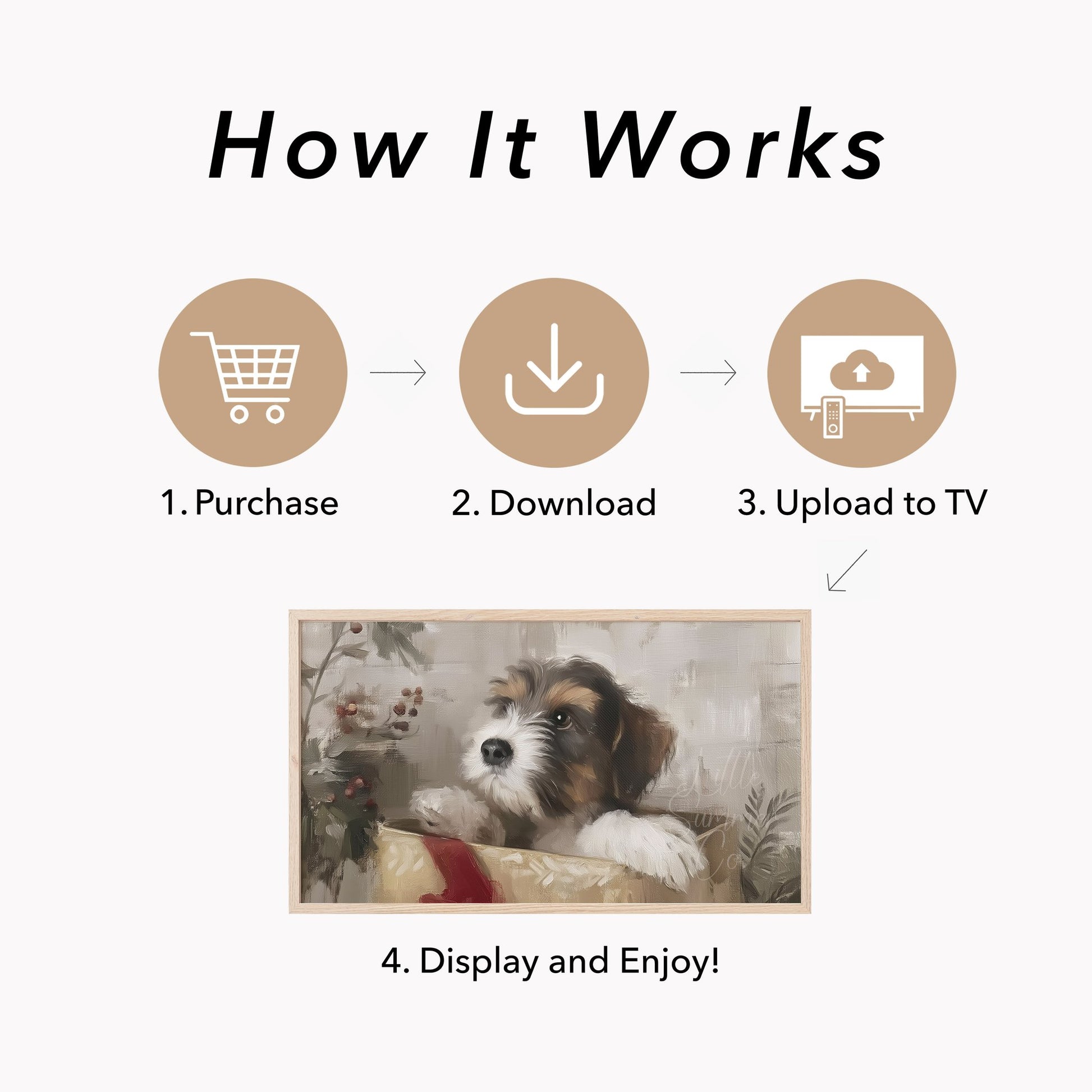 Puppy In A Gift Box Frame TV Art displayed on a TV