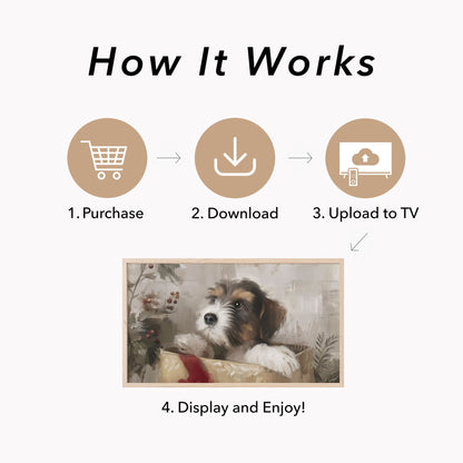 Puppy In A Gift Box Frame TV Art displayed on a TV