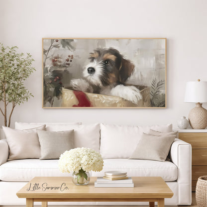 Puppy In A Gift Box Frame TV Art displayed on a TV