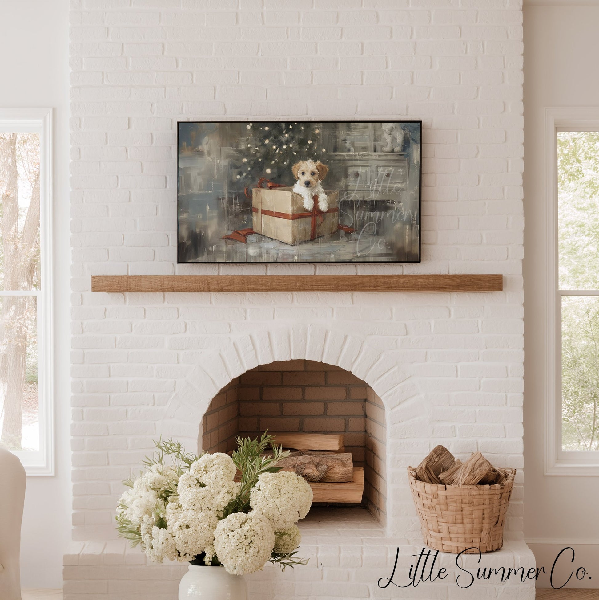 Puppy Gift Box Frame TV Art displayed on a TV