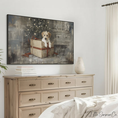 Puppy Gift Box Frame TV Art displayed on a TV
