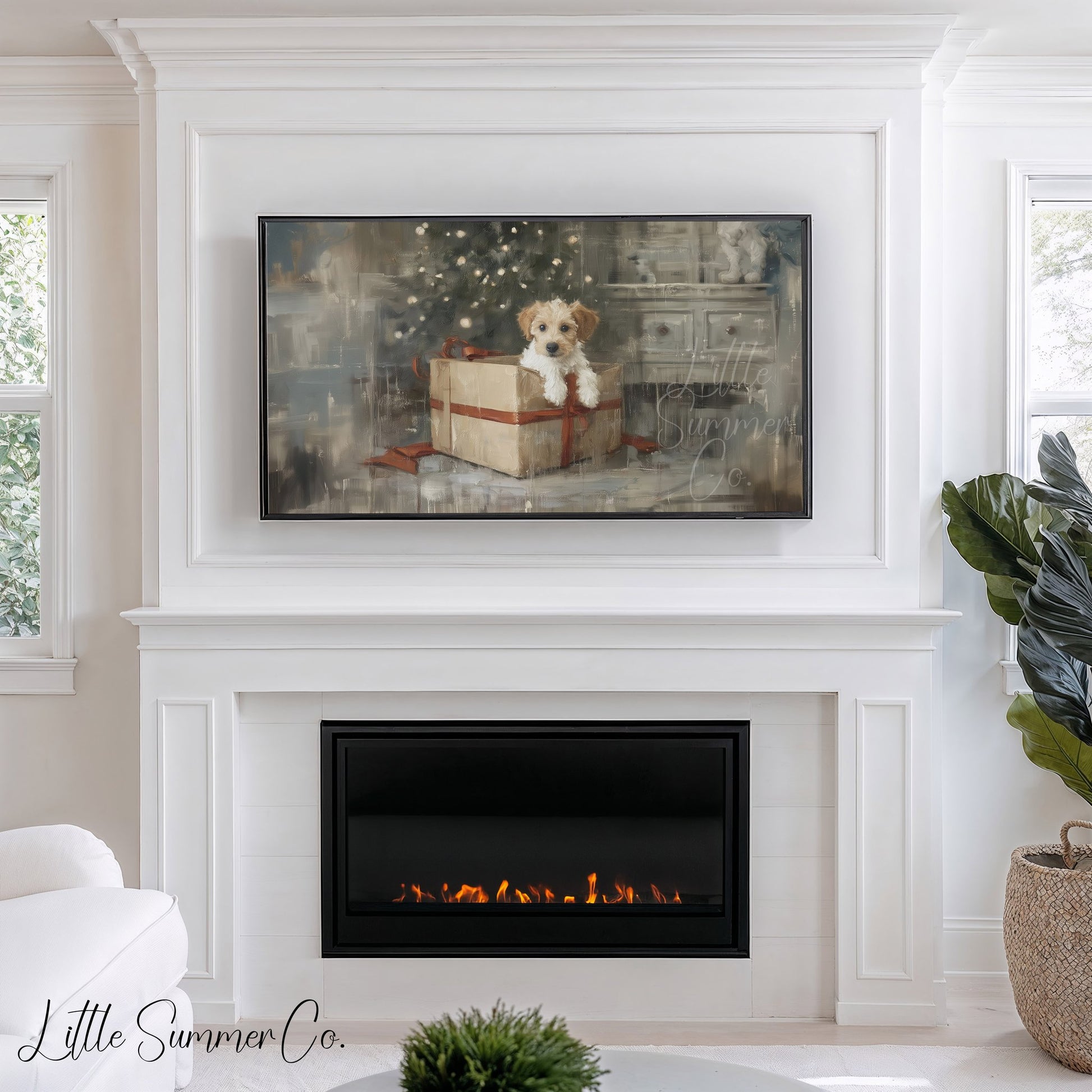 Puppy Gift Box Frame TV Art displayed on a TV
