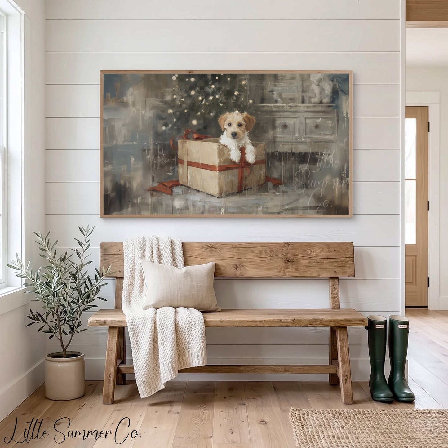 Puppy Gift Box Frame TV Art displayed on a TV