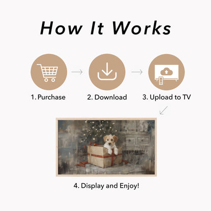 Puppy Gift Box Frame TV Art displayed on a TV