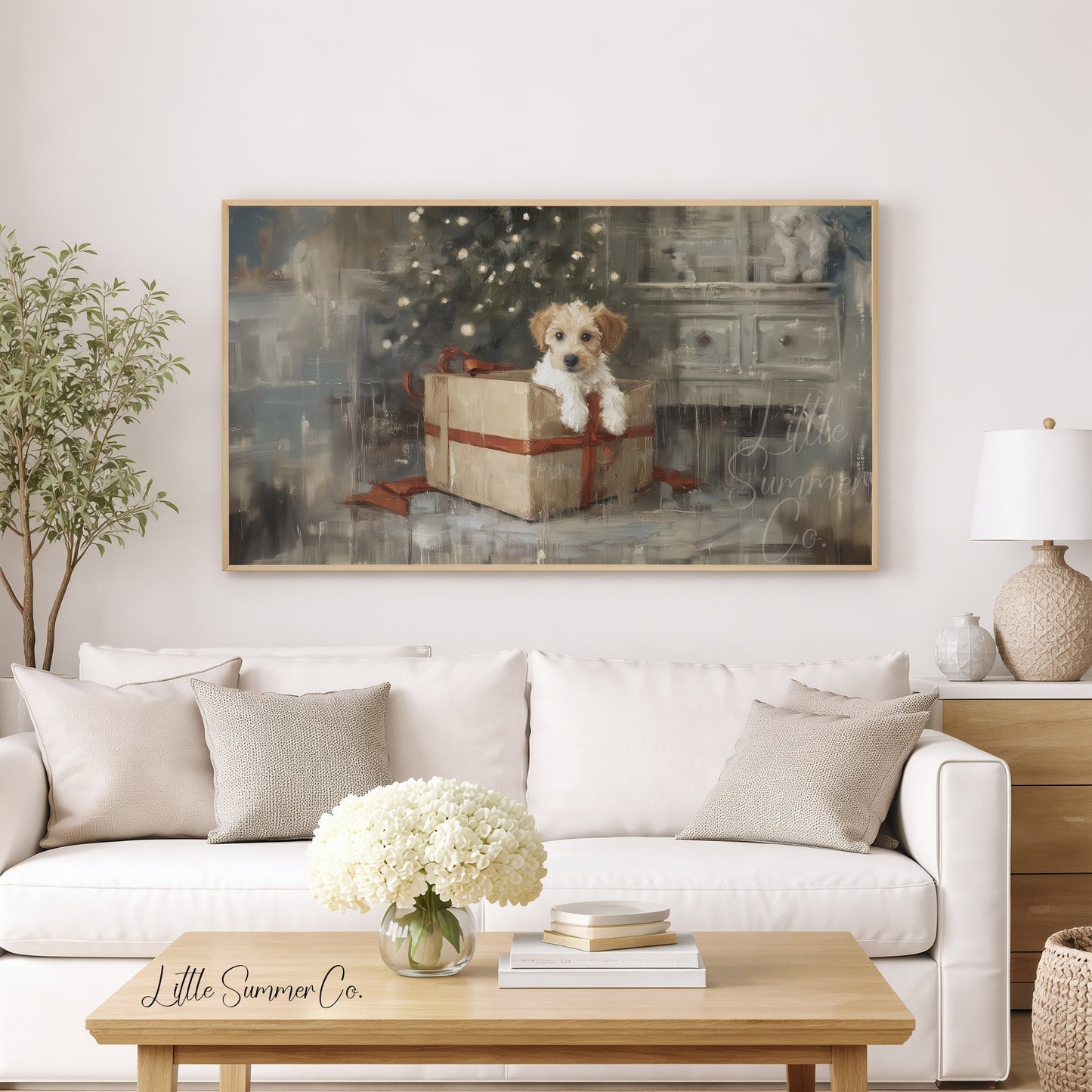 Puppy Gift Box Frame TV Art displayed on a TV
