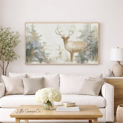 Stag In Woodland Frame TV Art displayed on a TV
