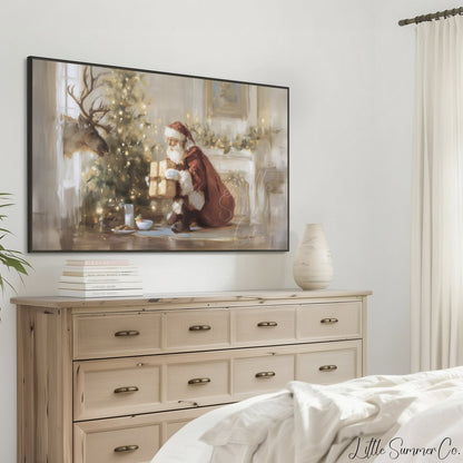 Santa And Deer Frame TV Art displayed on a TV