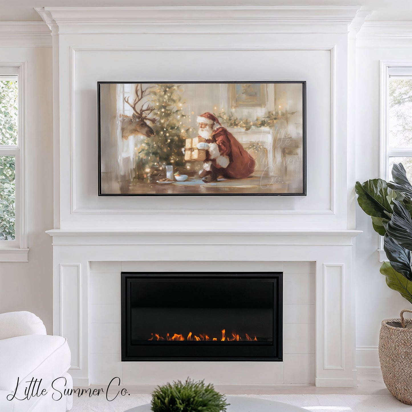 Santa And Deer Frame TV Art displayed on a TV