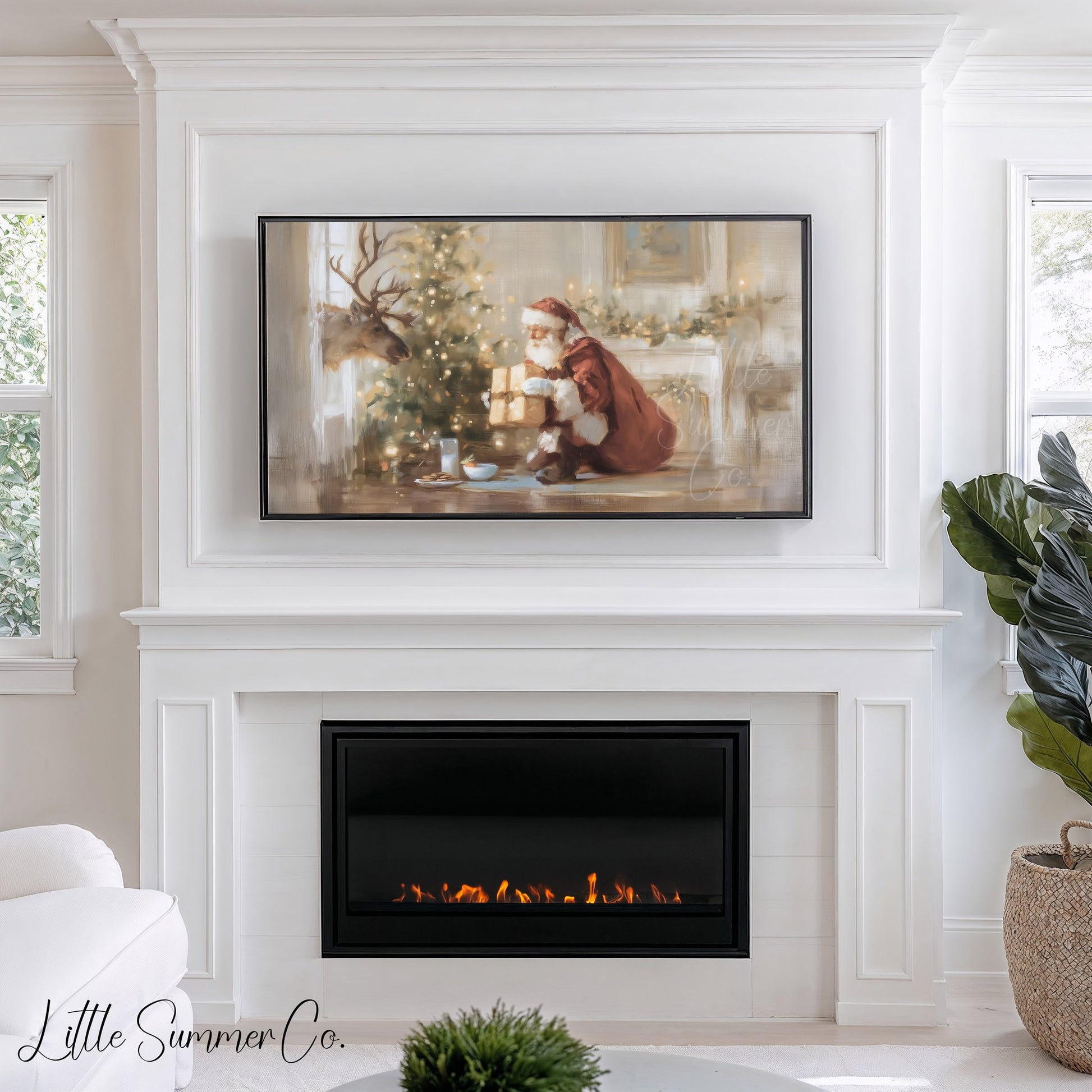 Santa And Deer Frame TV Art displayed on a TV