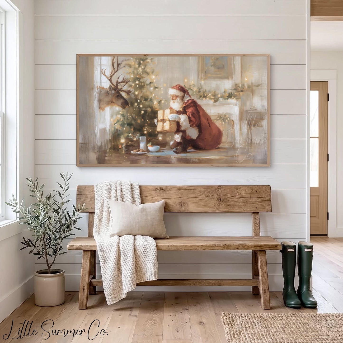 Santa And Deer Frame TV Art displayed on a TV