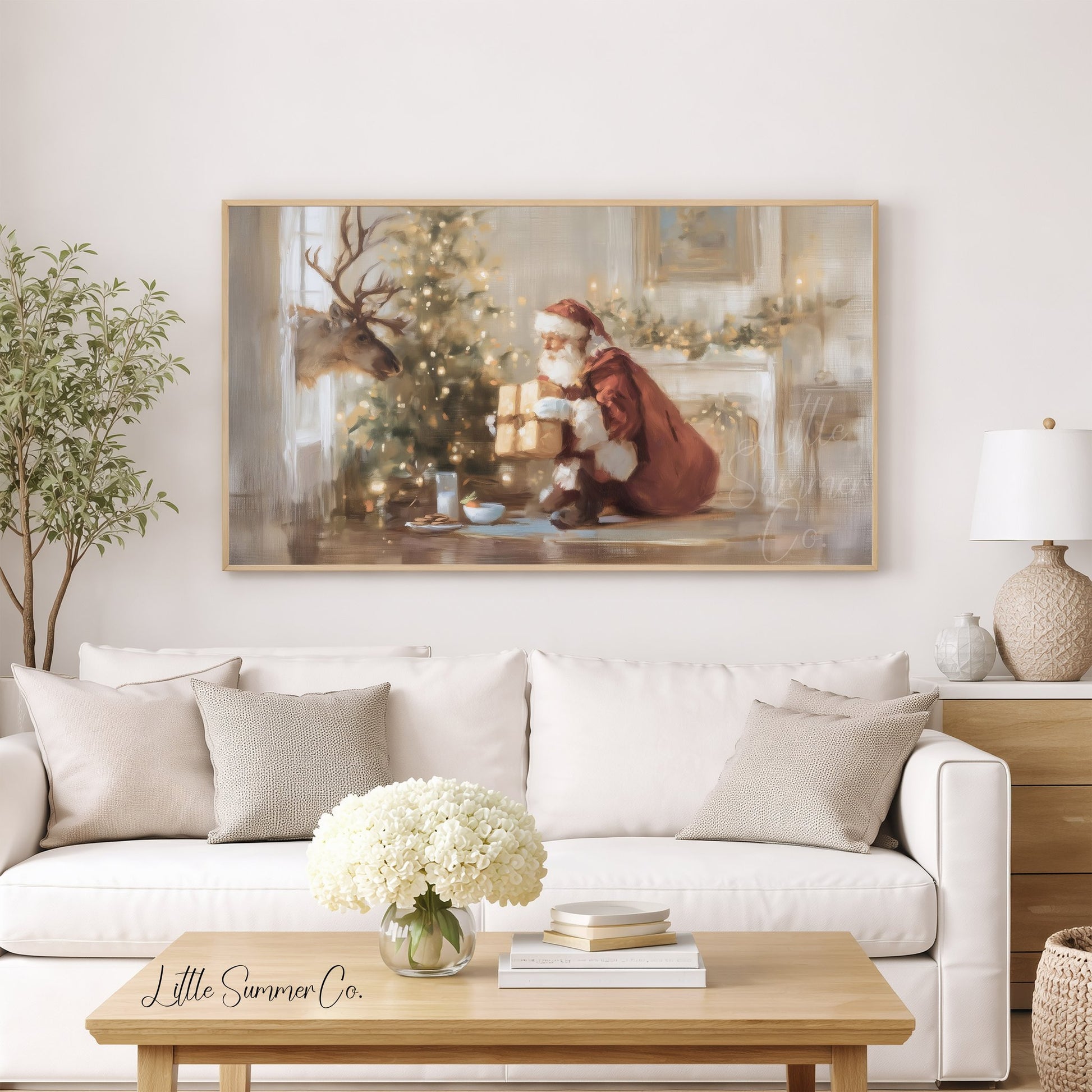 Santa And Deer Frame TV Art displayed on a TV