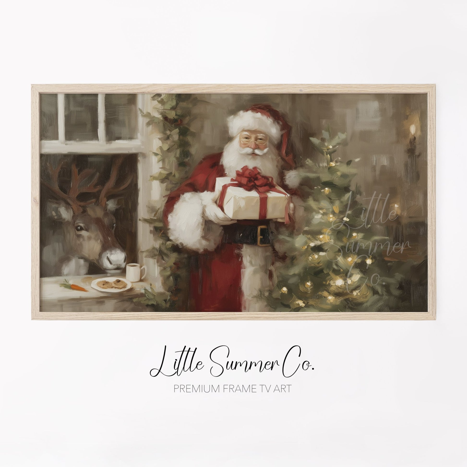 Santa With Present Frame TV Art displayed on a TV