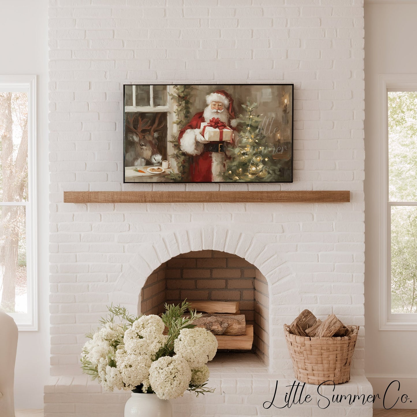 Santa With Present Frame TV Art displayed on a TV