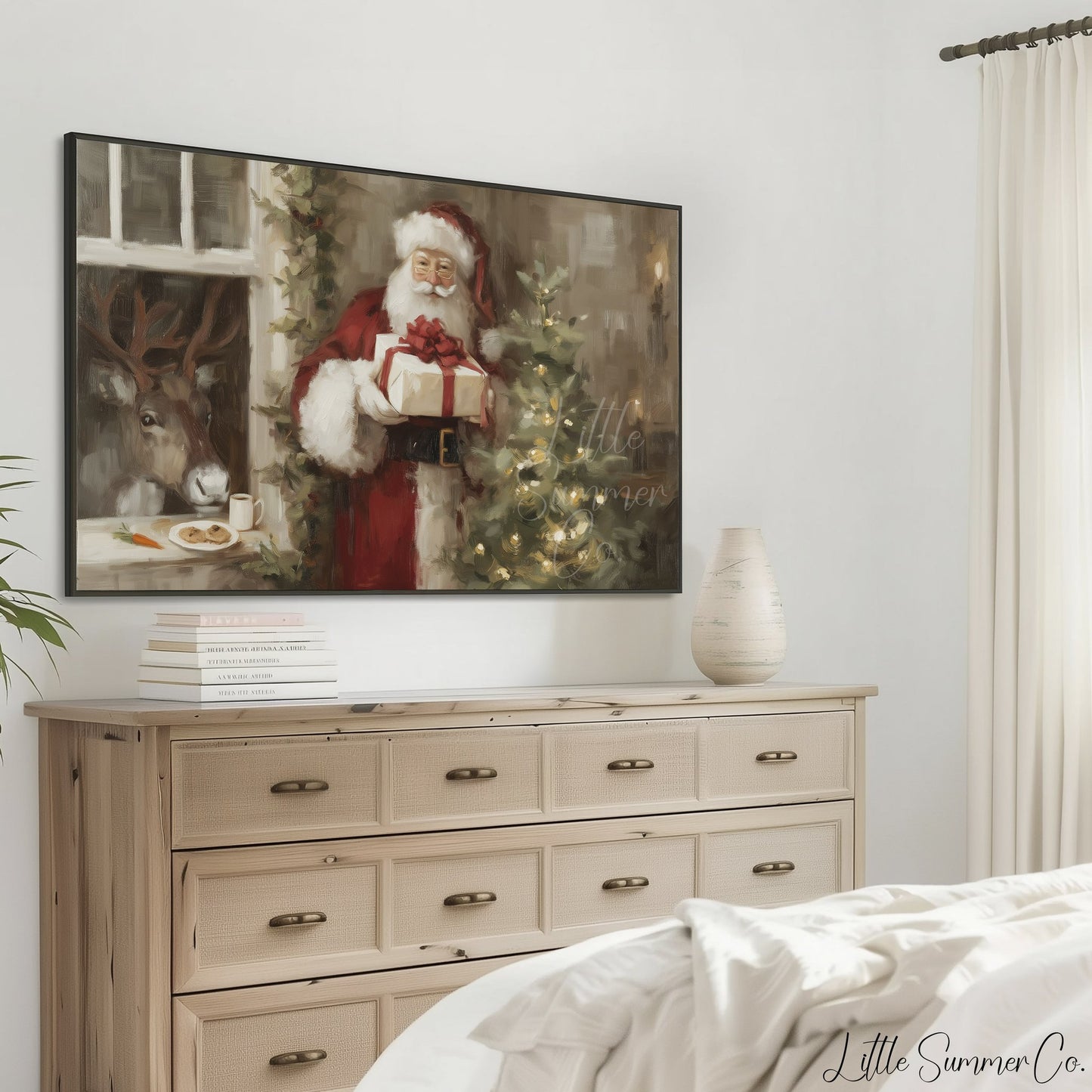 Santa With Present Frame TV Art displayed on a TV