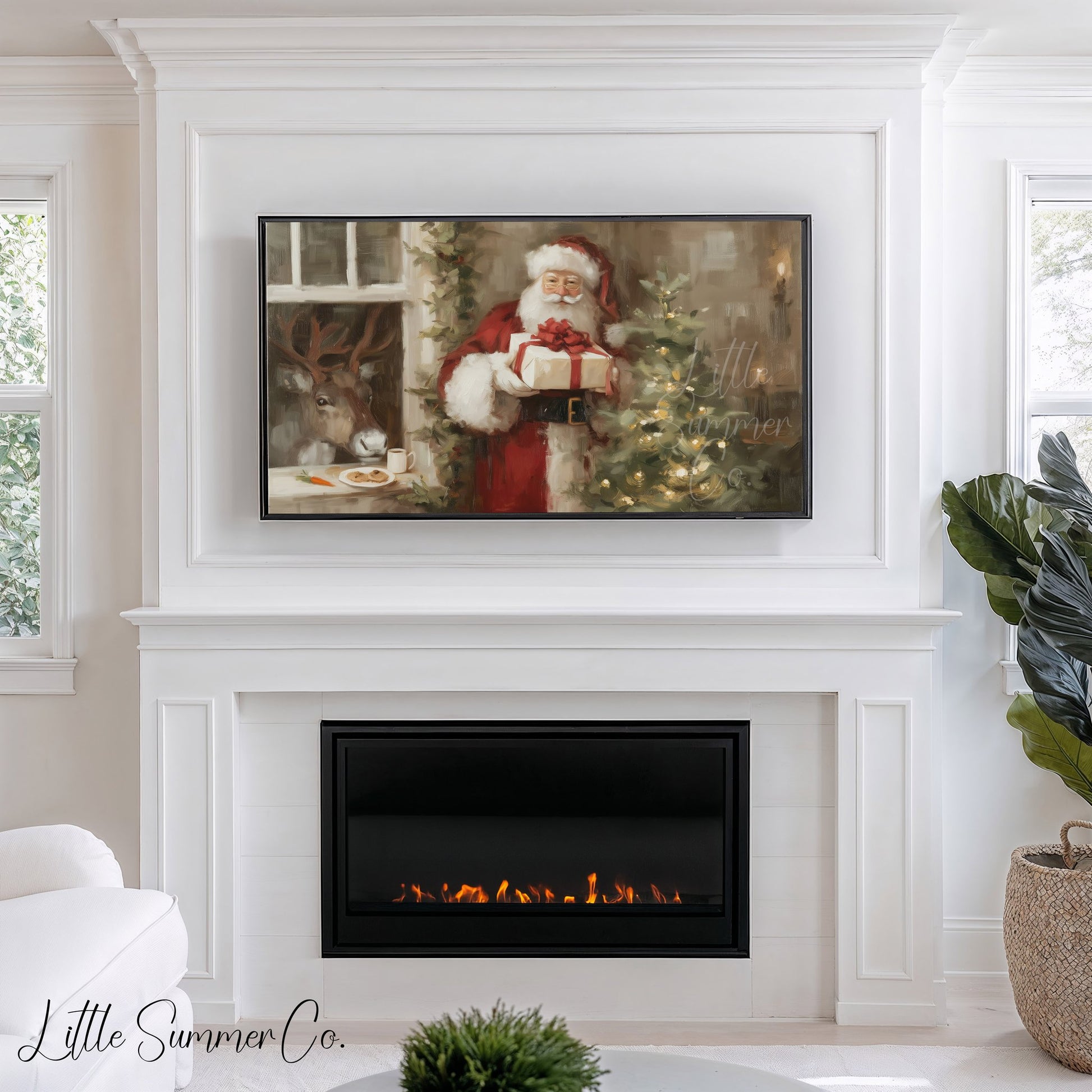 Santa With Present Frame TV Art displayed on a TV