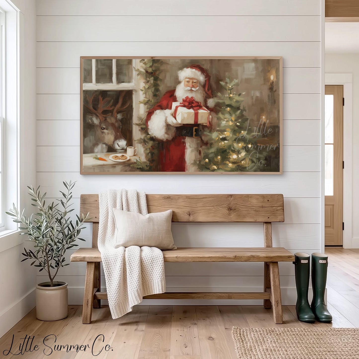 Santa With Present Frame TV Art displayed on a TV