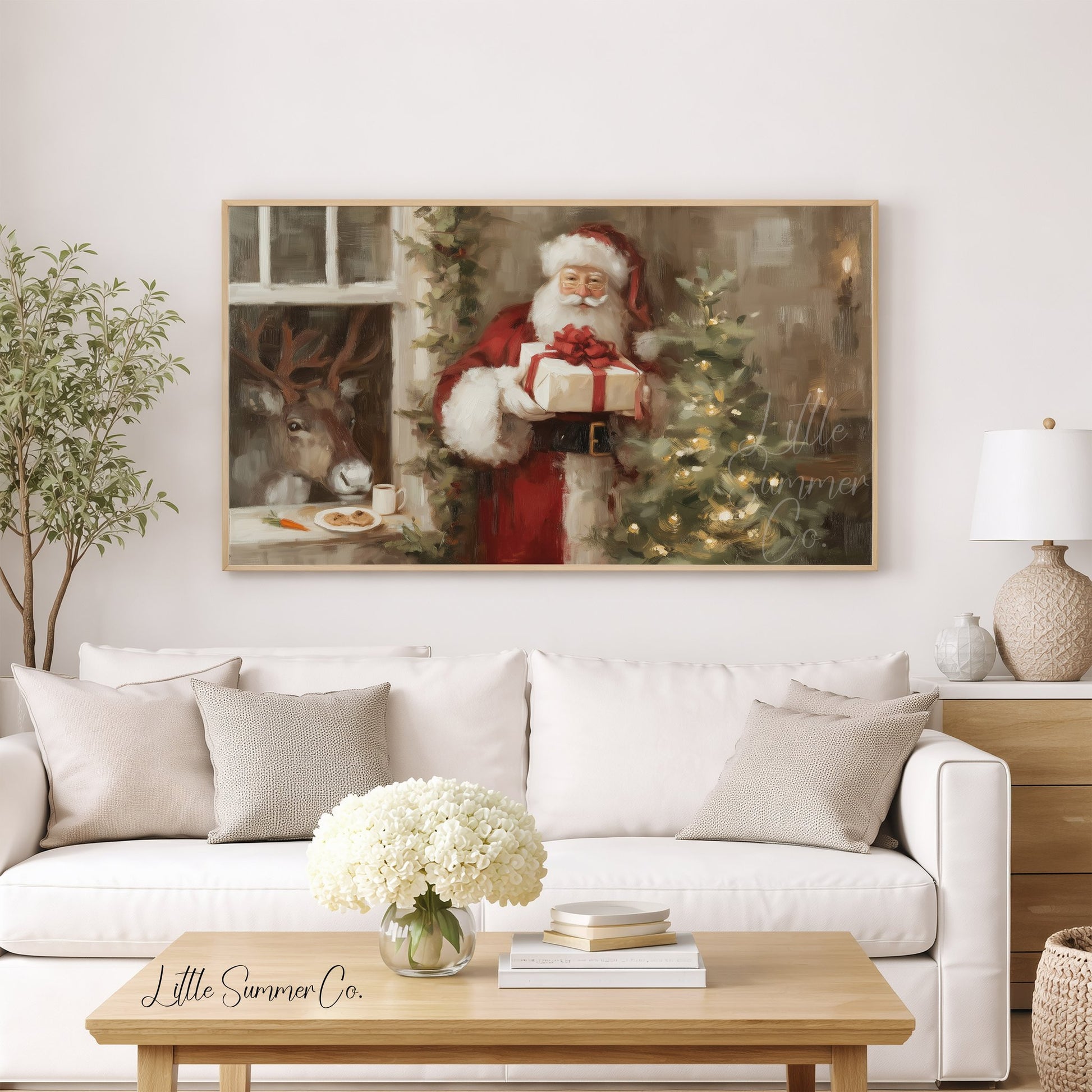 Santa With Present Frame TV Art displayed on a TV