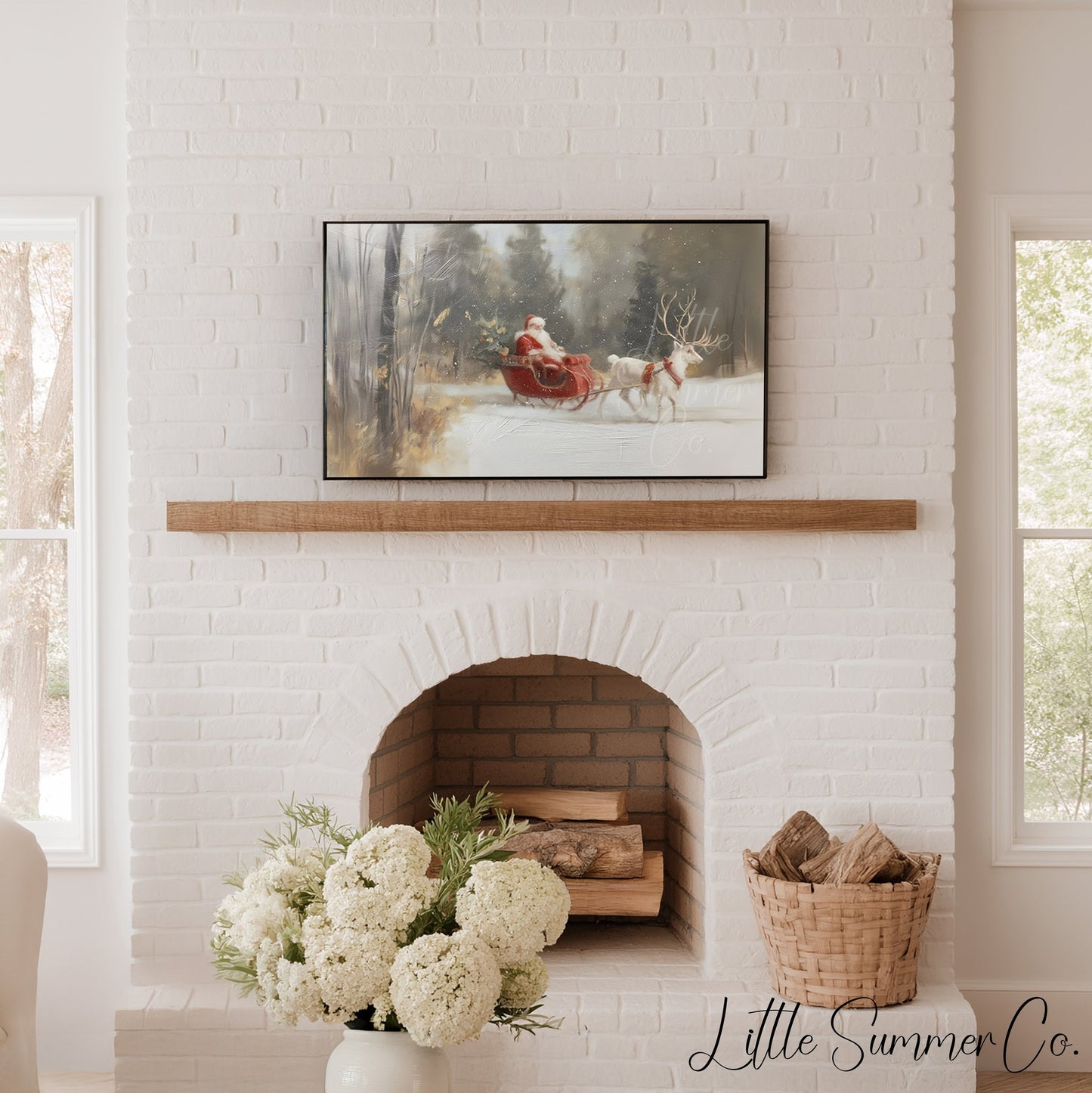 Santa Sleigh Reindeer Frame TV Art displayed on a TV