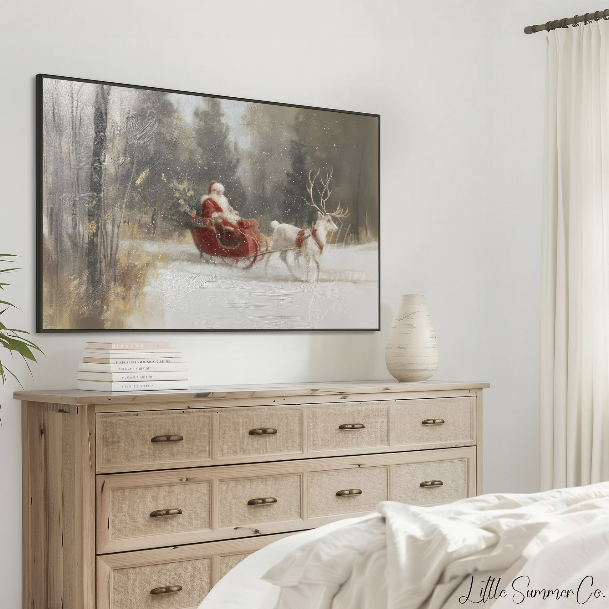 Santa Sleigh Reindeer Frame TV Art displayed on a TV