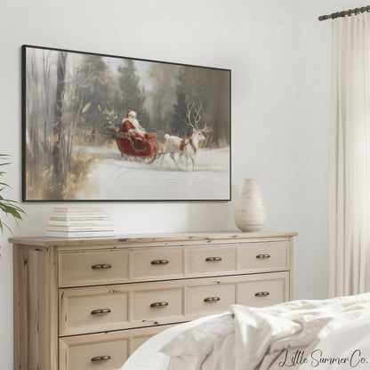 Santa Sleigh Reindeer Frame TV Art displayed on a TV