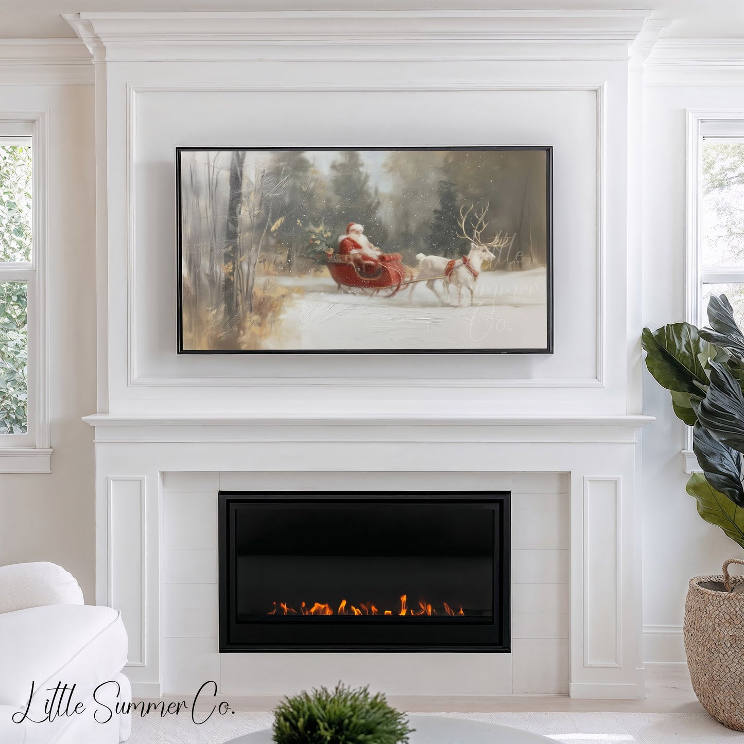 Santa Sleigh Reindeer Frame TV Art displayed on a TV