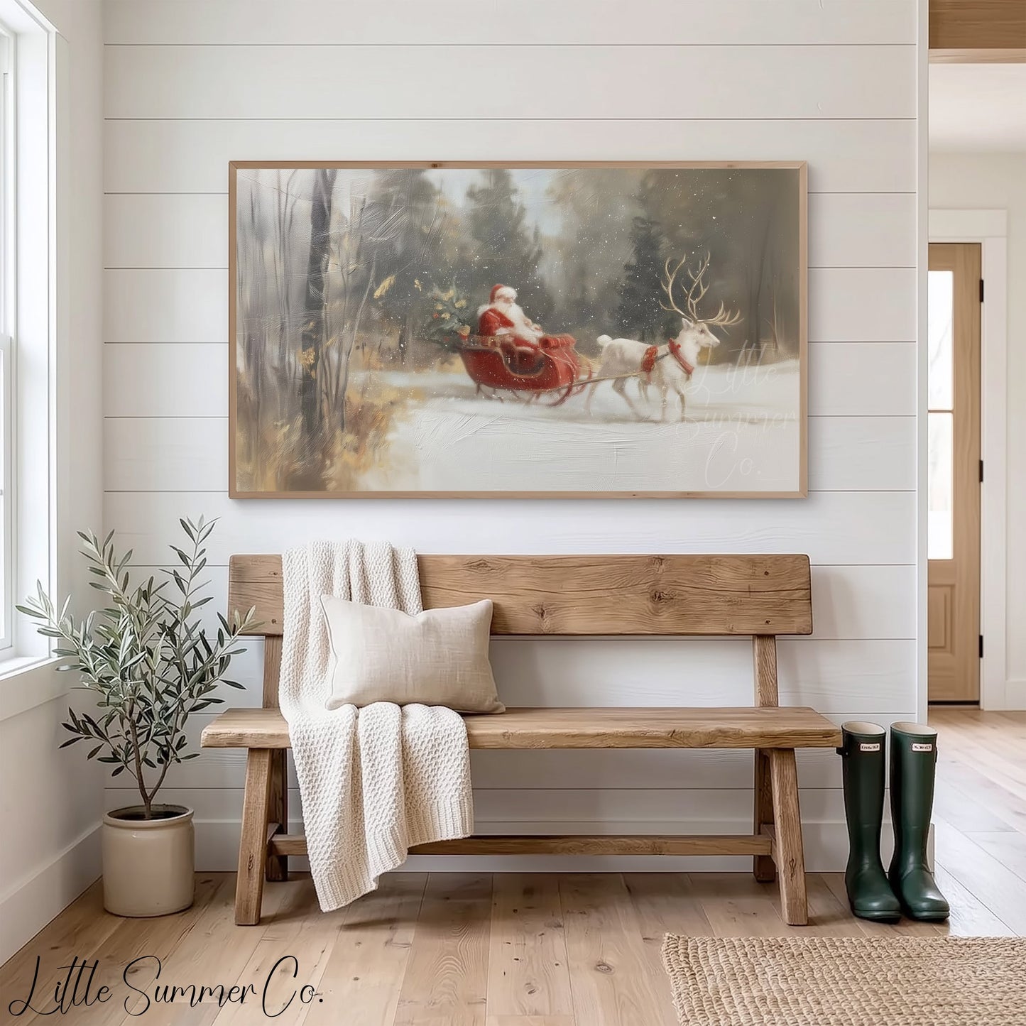 Santa Sleigh Reindeer Frame TV Art displayed on a TV