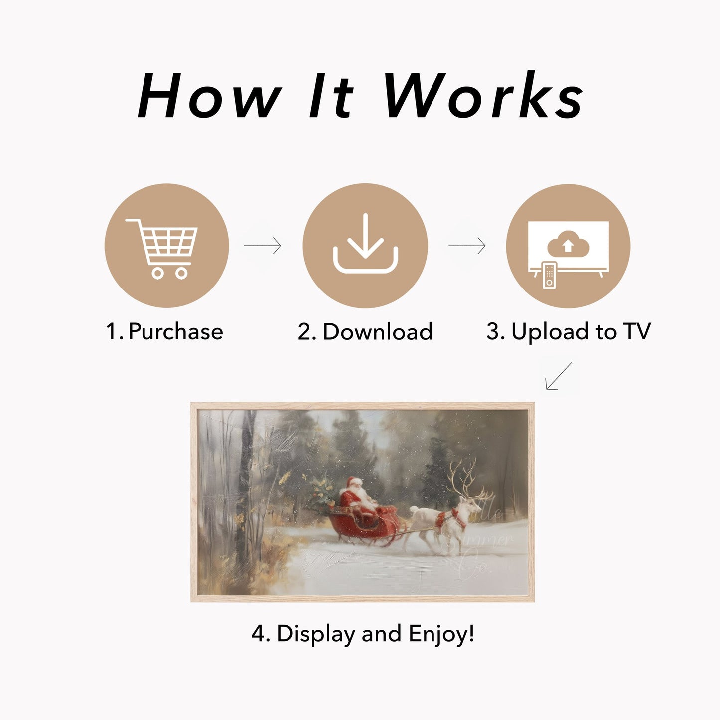 Santa Sleigh Reindeer Frame TV Art displayed on a TV