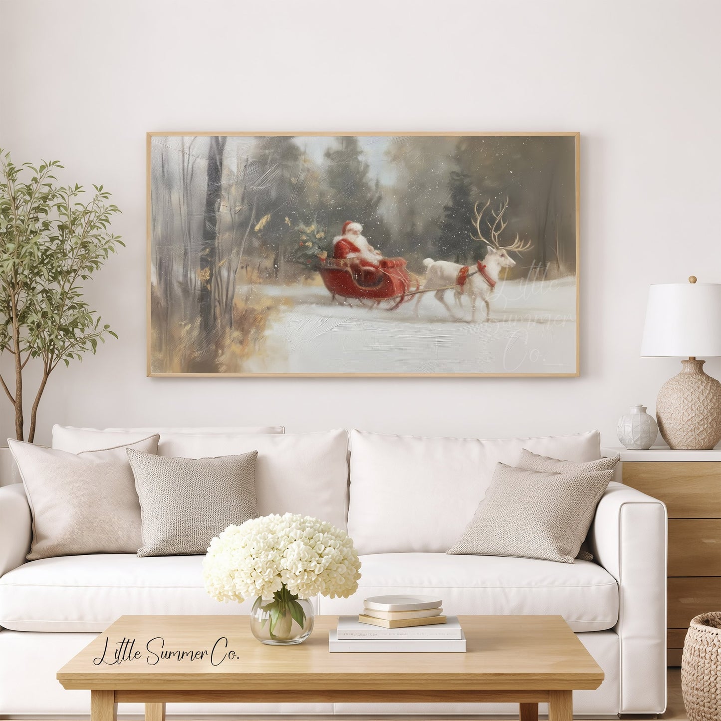 Santa Sleigh Reindeer Frame TV Art displayed on a TV