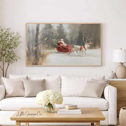 Santa Sleigh Reindeer Frame TV Art displayed on a TV