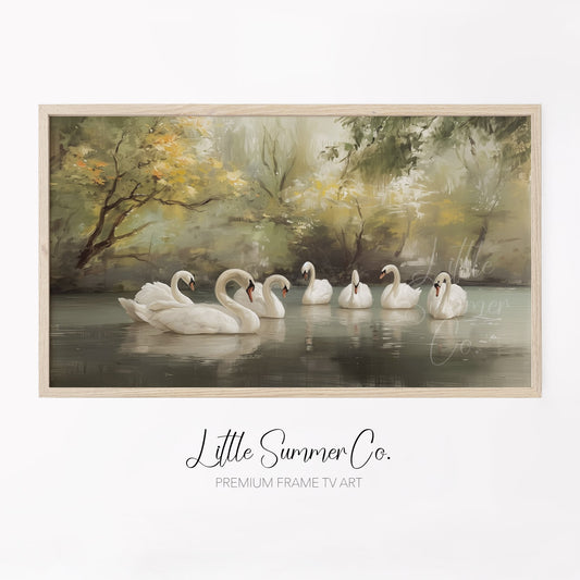 Seven Swans Swimming Frame TV Art displayed on a TV