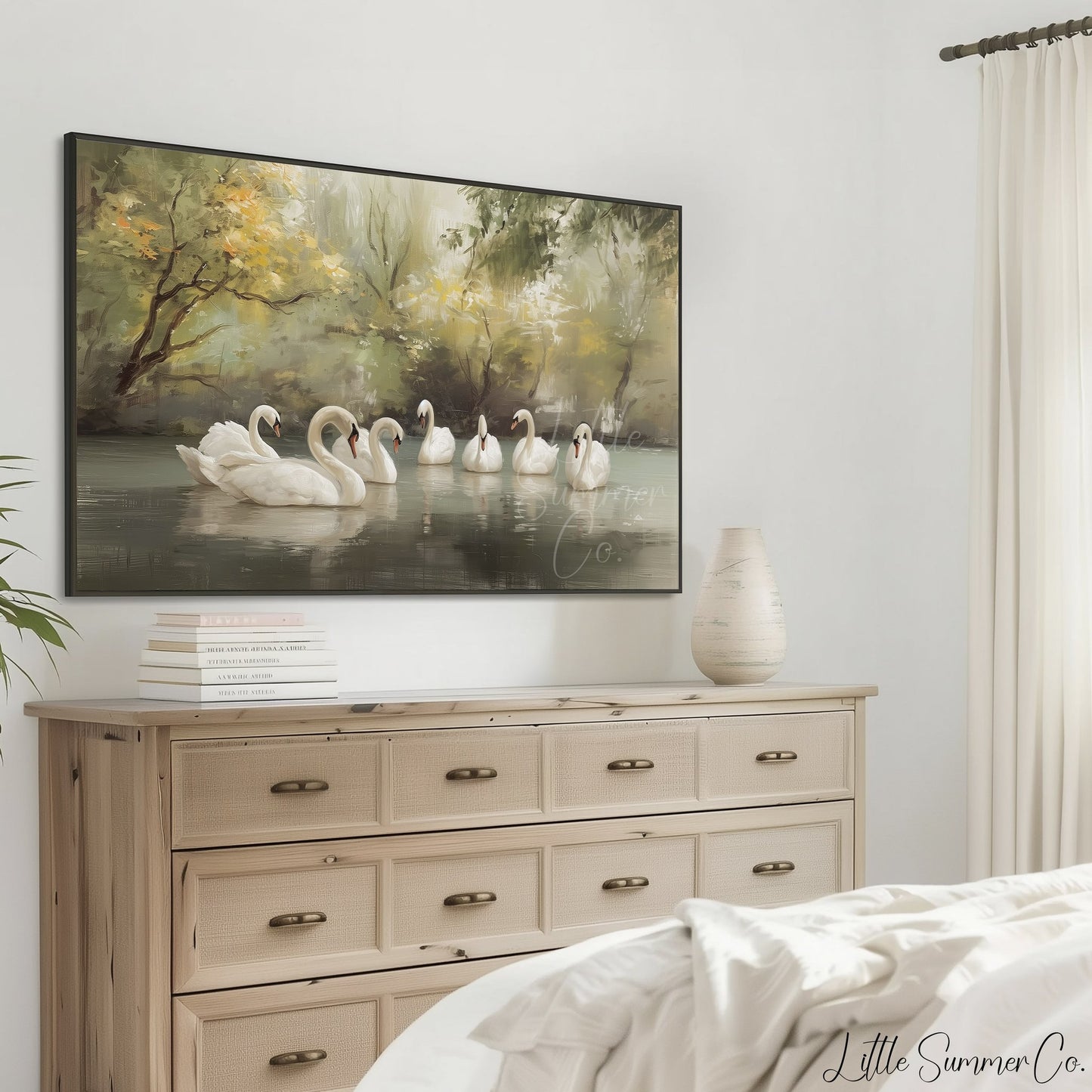 Seven Swans Swimming Frame TV Art displayed on a TV