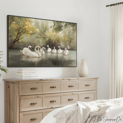 Seven Swans Swimming Frame TV Art displayed on a TV