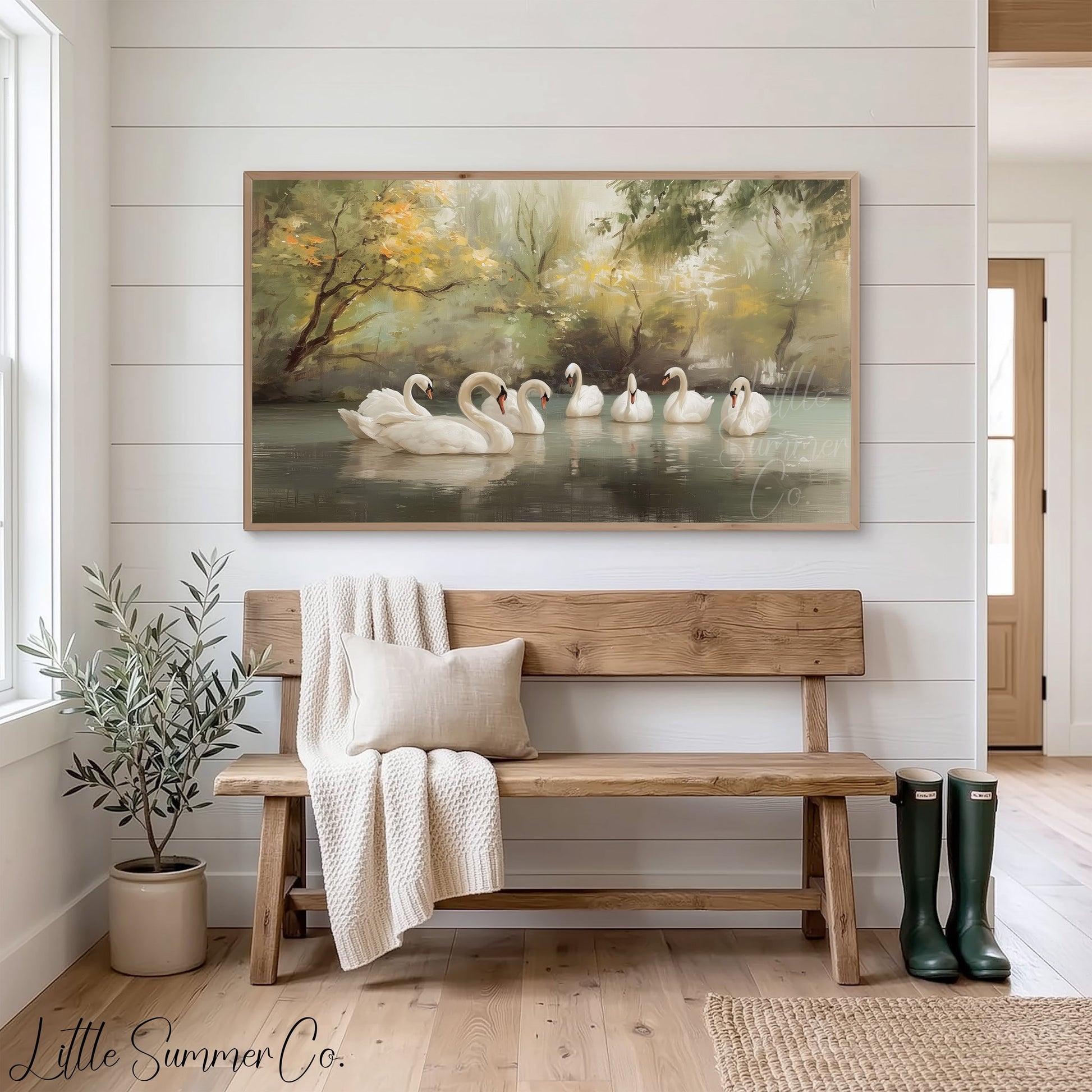 Seven Swans Swimming Frame TV Art displayed on a TV